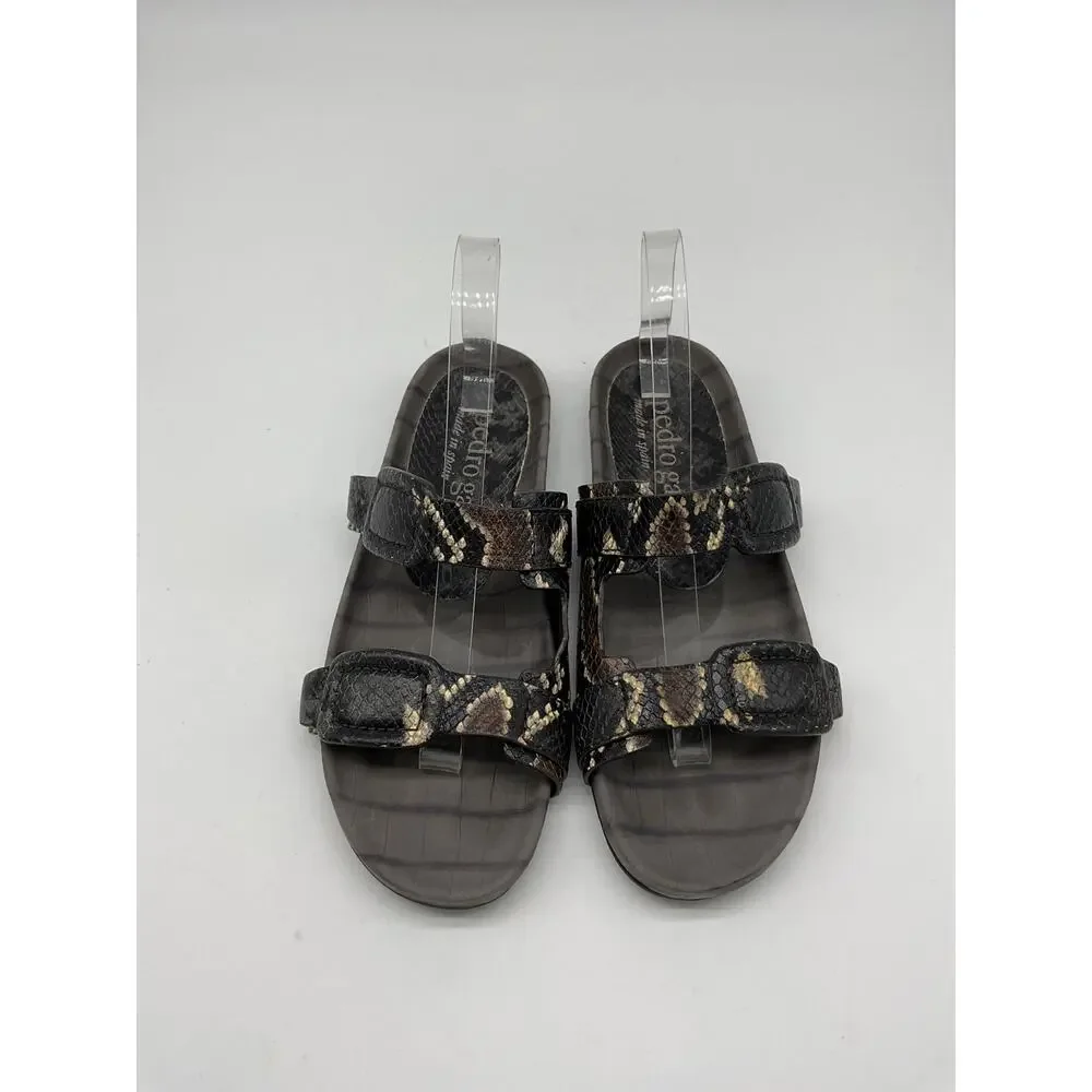 Pedro Garcia 'Arielle' Brown Leather Buckle Snake & Croc Embossed Buckle Slide - Picture 2 of 5